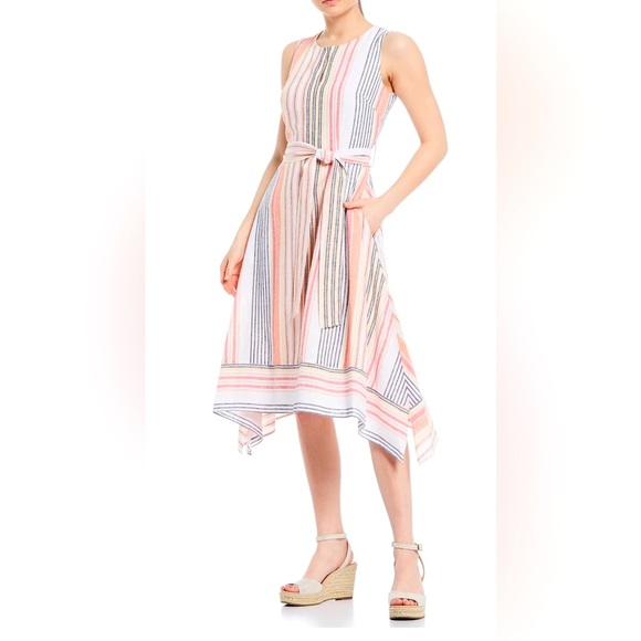 Karl Lagerfeld Paris Sleeveless Striped Asymmetric Handkerchief Midi Dress - Picture 5 of 12